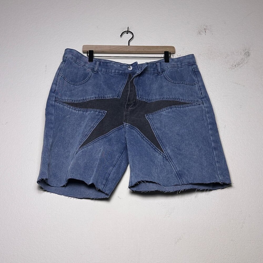 Black Star Embroidered Y2K Skater Baggy Shorts Men 40 Blue Streetwear Distressed